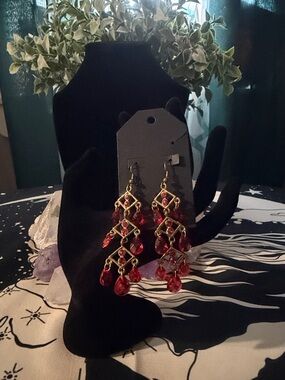 Red Chandelier Drop Earrings - Gold-Tone Frame